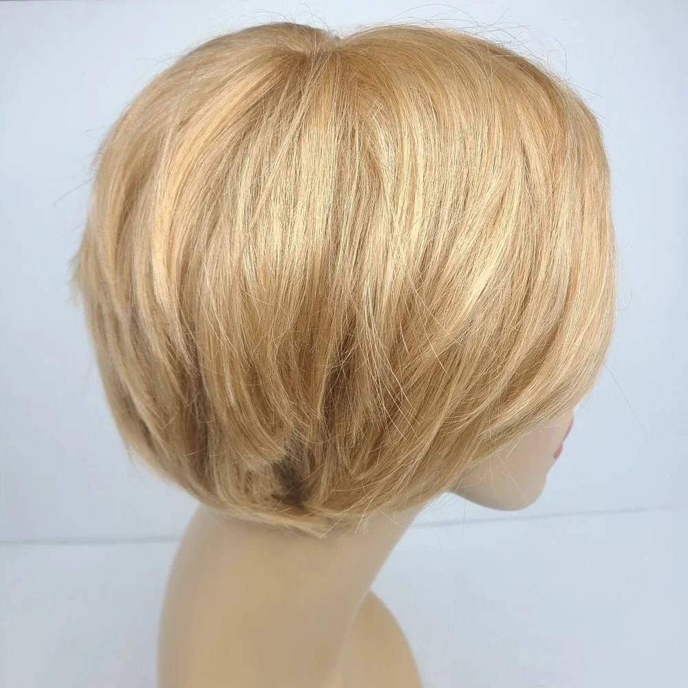 Human Hair Wig Blonde Pixie Cut‎ Capless Mono Top Clip In Breathable Wefted Back